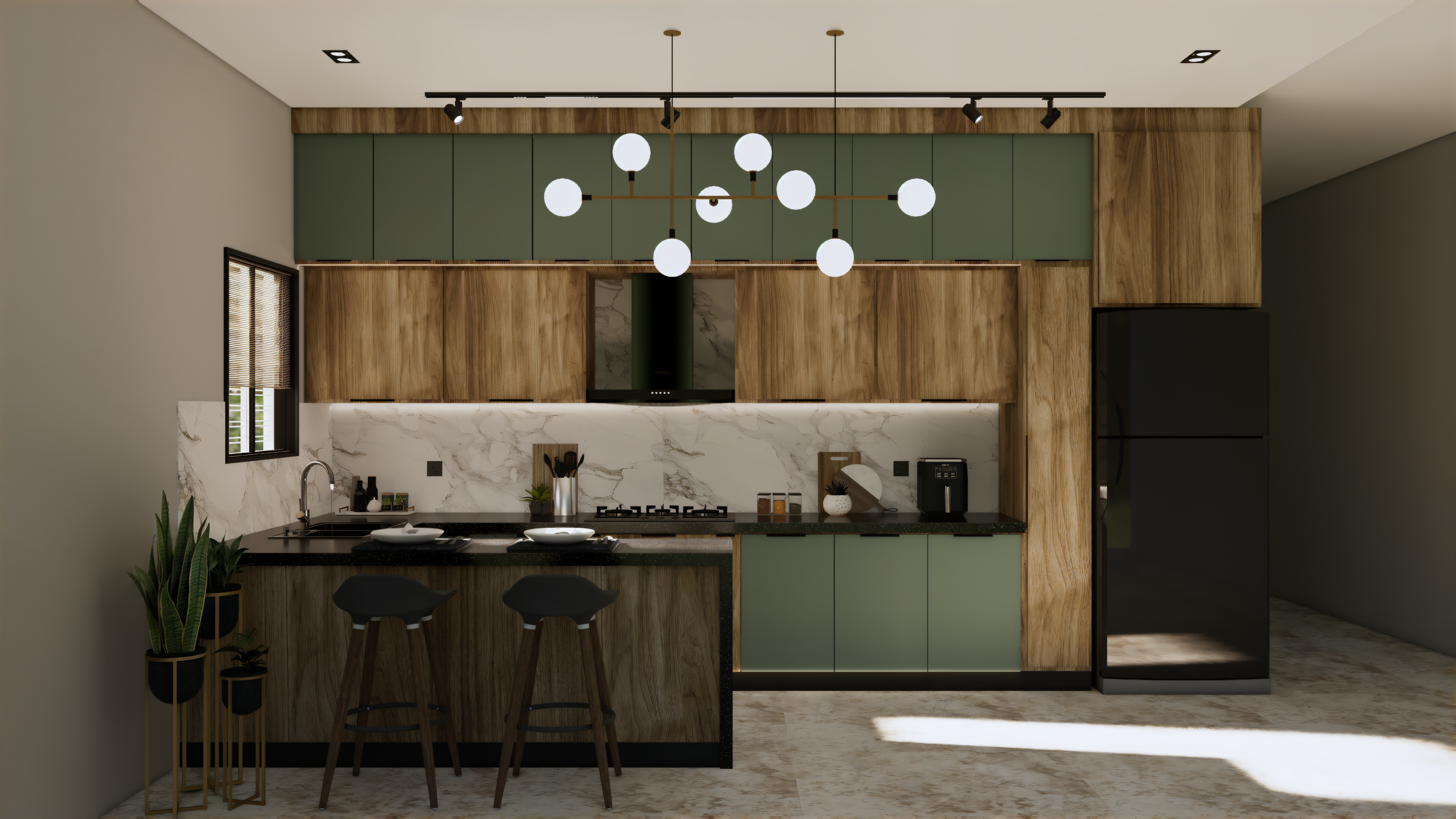 Minimalist bedroom suite with warm material palette
